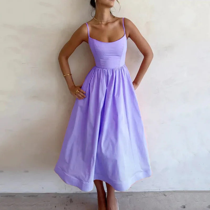 Elegant U Neck Spaghetti Strap Long Dress for Women