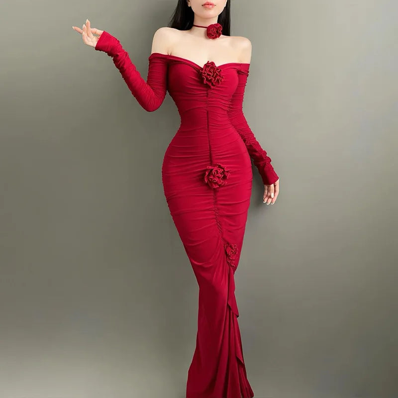 Elegant Off-Shoulder Maxi Dress with Floral Ruffles - Image 4
