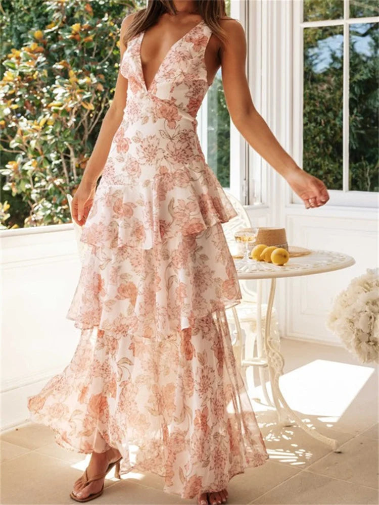 Floral Print Sleeveless Deep V Neck Tiered Dress - Image 6