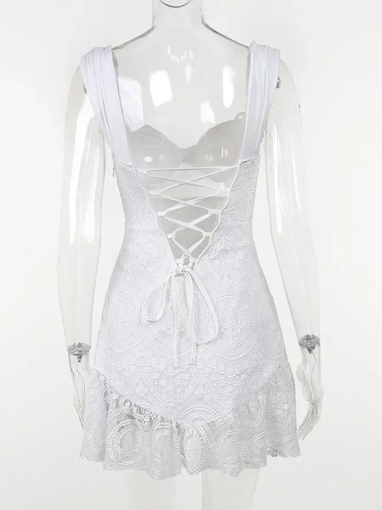 Elegant White Lace Ruffled Backless Mini Dress - Image 6