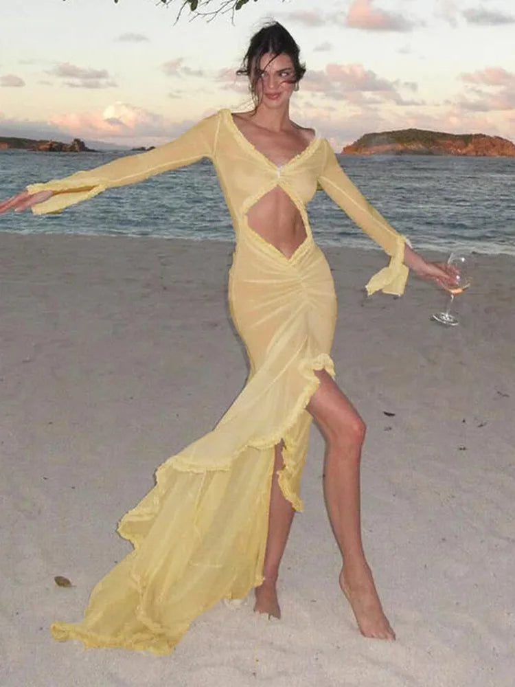 Elegant Hollow Out Long Sleeve Sexy Maxi Dress - Image 4