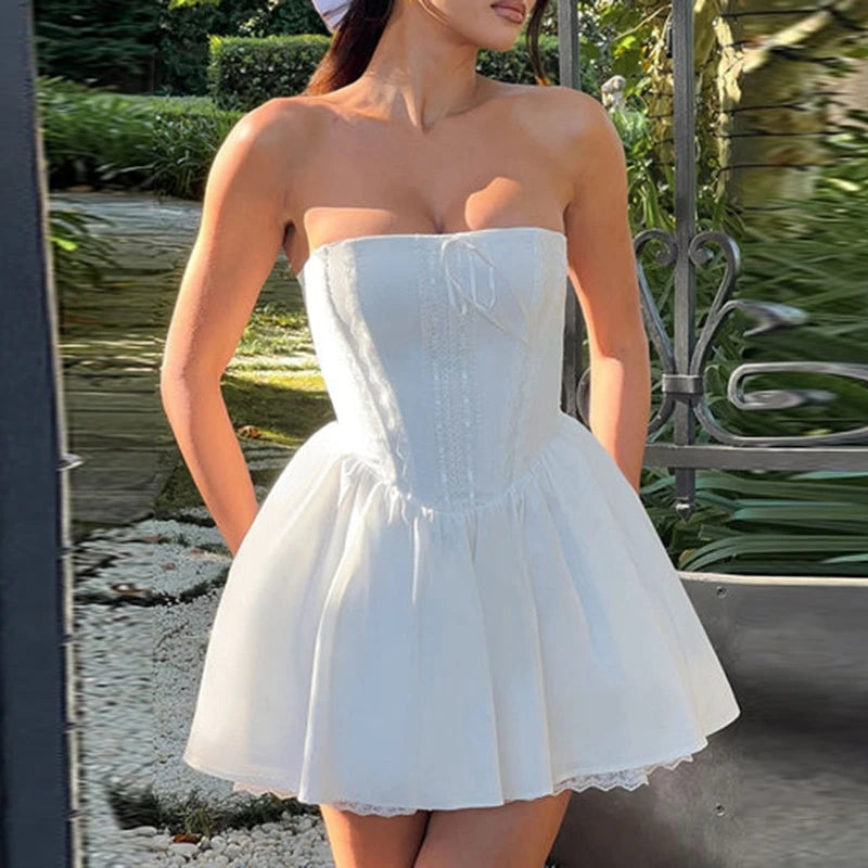 Elegant Off-Shoulder Lace Trim Tube Mini Dress - Image 3