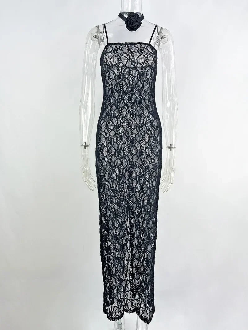 Elegant Sleeveless Hollow Out Maxi Lace Dress for Women - Image 7