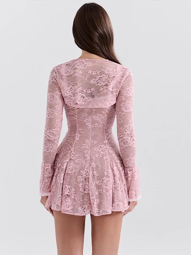 Elegant Pink Lace Flare Sleeve Floral Dress Set - Image 3