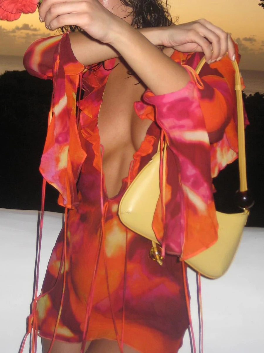 Women’s Deep V-Neck Bodycon Dress with Tie-Dye Print - Image 3
