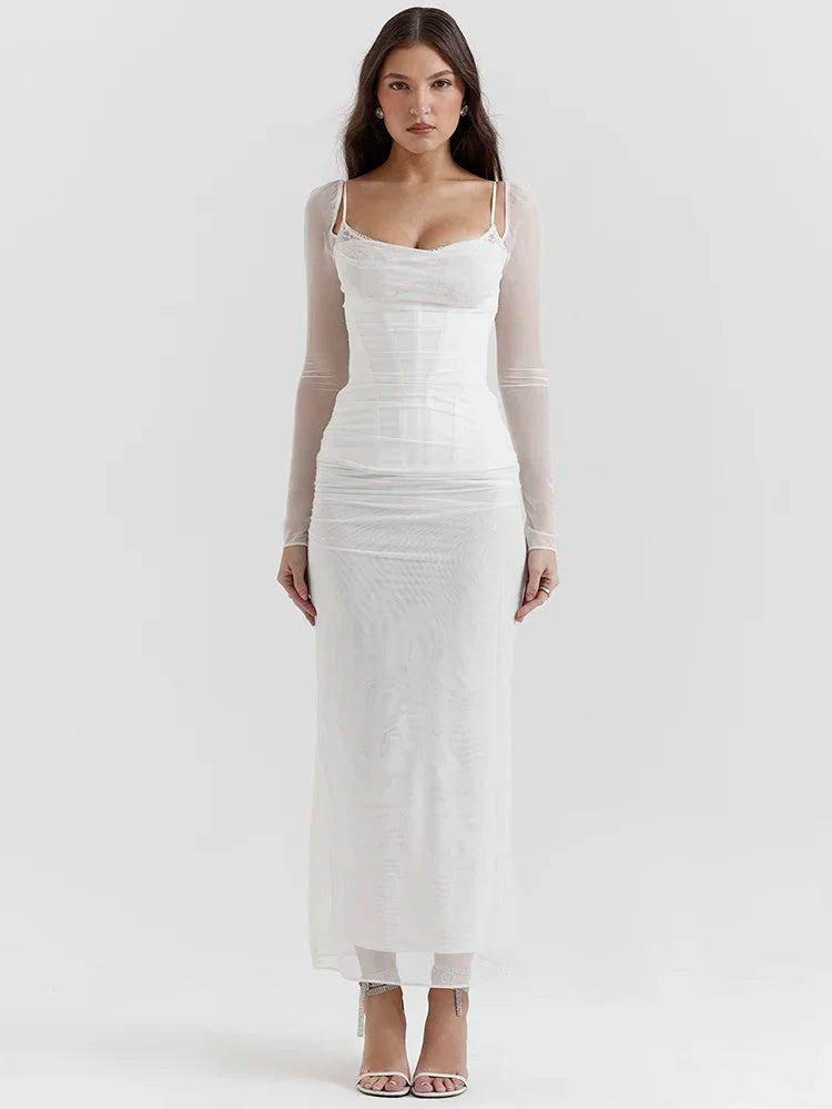 Elegant Sheer Long Sleeve Backless Maxi Dress for Women - Image 3