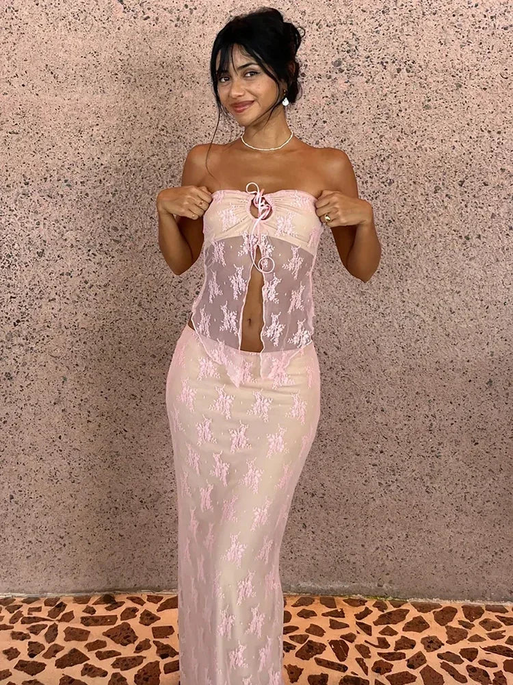Sheer Lace Rose Print Strapless Crop Top & Skirt Set - Image 4