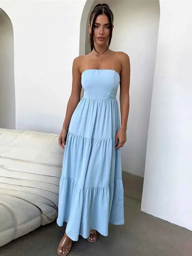 Elegant Ruffle Backless White Strapless Evening Dress for Women