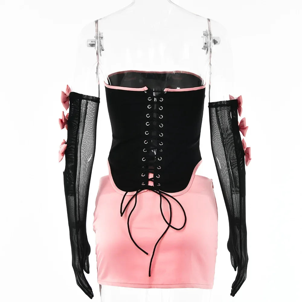 Elegant Women's Two-Piece Mini Dress with Corset and Gloves - Image 6