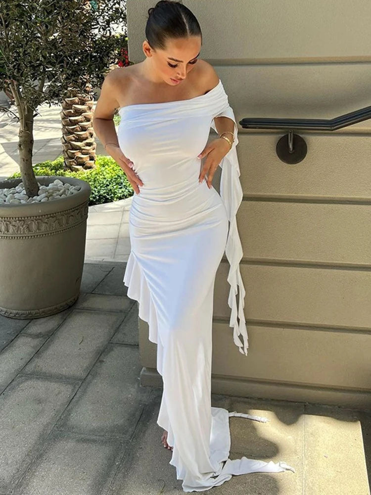 Elegant One Shoulder Ruffle Maxi Dress for Summer Events
