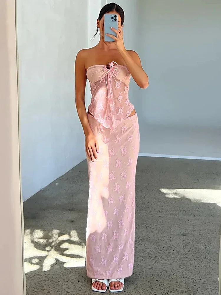 Sheer Lace Rose Print Strapless Crop Top & Skirt Set - Image 5