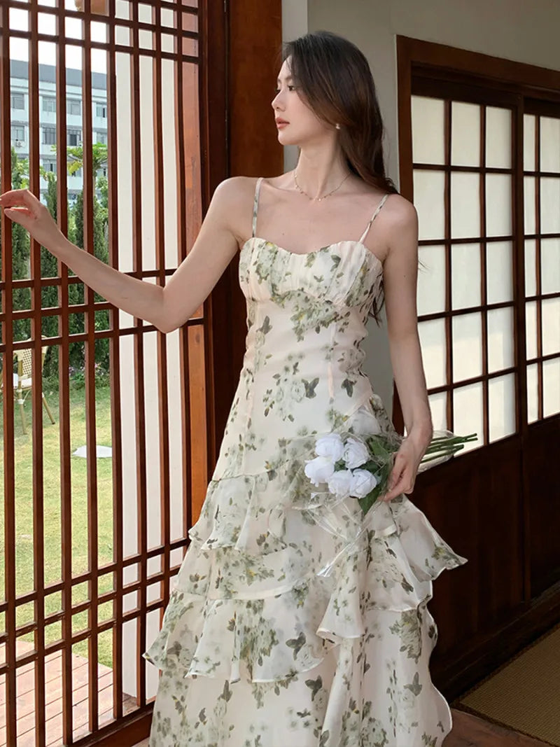 Elegant Backless Floral Chiffon Midi Dress for Women - Image 3