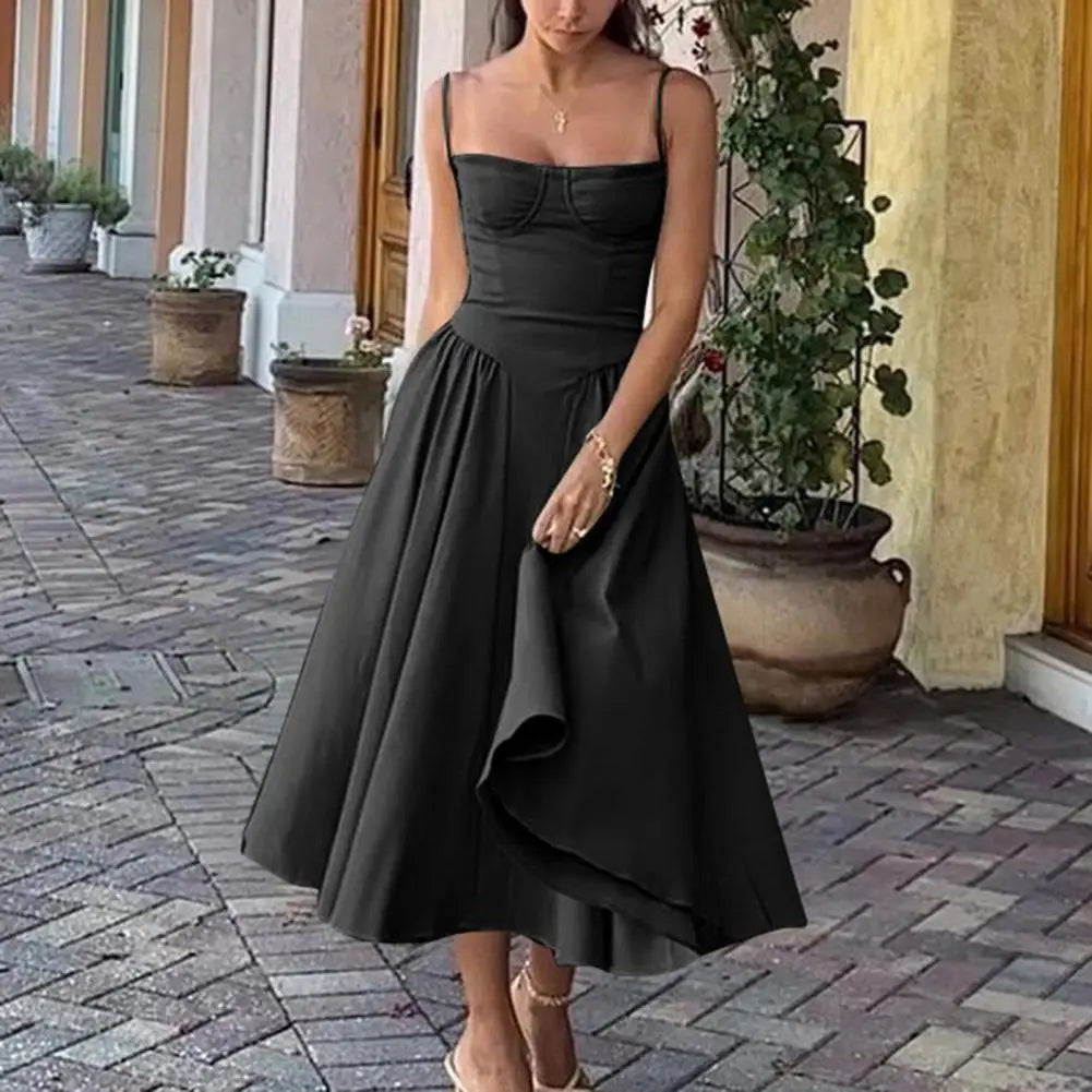 Elegant Solid Color Spaghetti Strap Midi Dress for Women