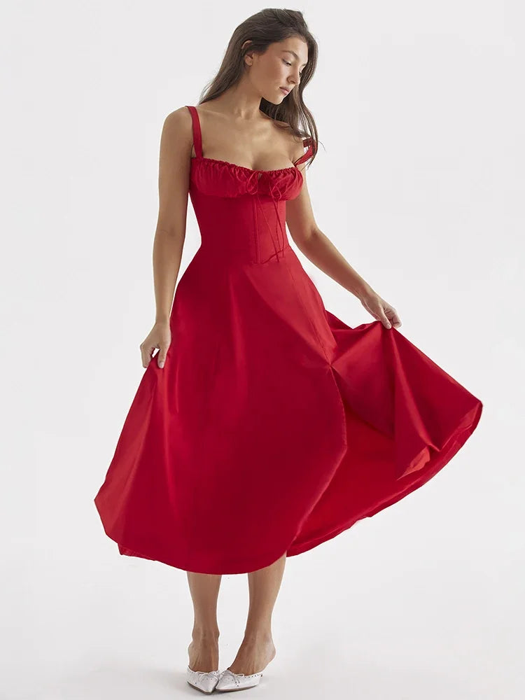 Elegant Red A-Line Midi Dress with Spaghetti Straps - Image 7