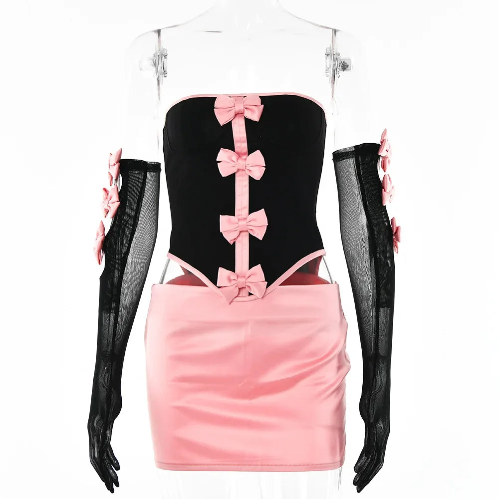 Elegant Women's Two-Piece Mini Dress with Corset and Gloves - Image 5
