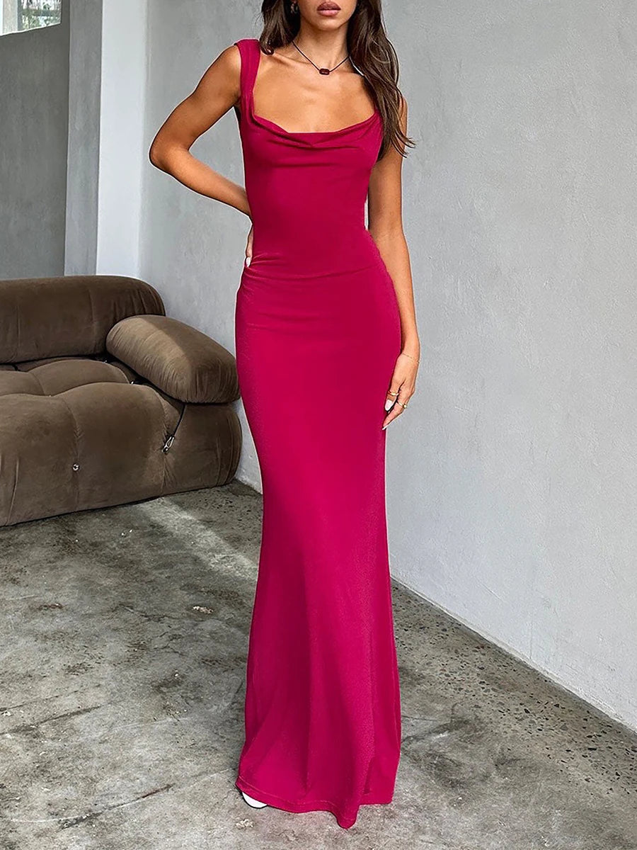 Elegant Sleeveless Satin Bow Long Cocktail Dress - Image 5