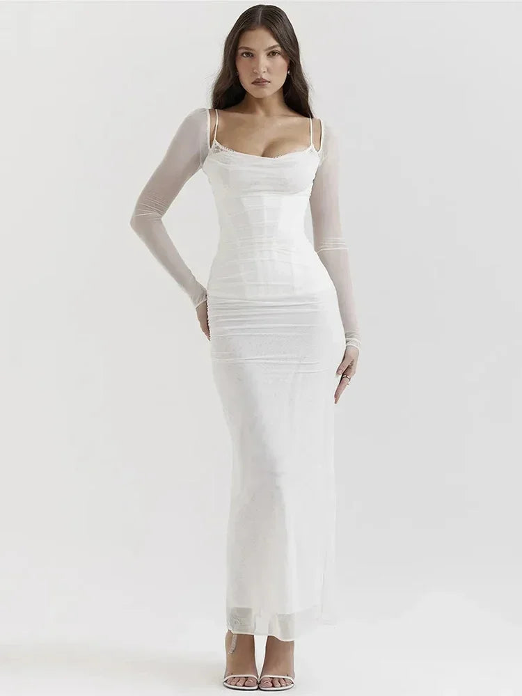 Elegant Sheer Long Sleeve Backless Maxi Dress for Women