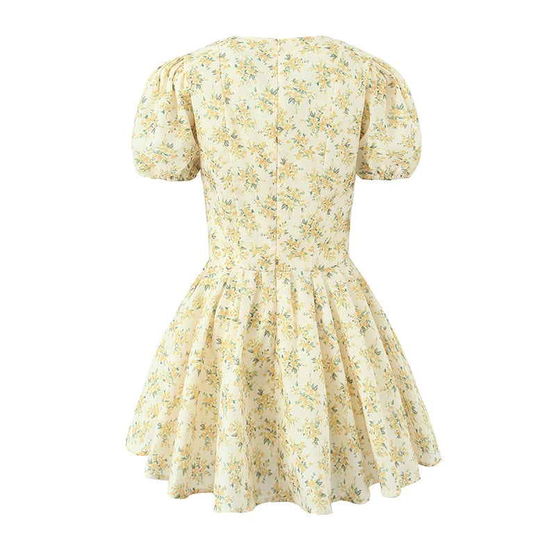 Vintage Floral Puff Sleeve V-Neck Mini Dress for Women - Image 4