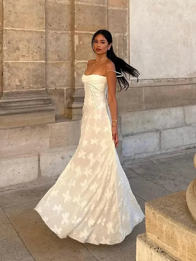 Elegant White Floral Maxi Dress with Spaghetti Straps - Image 6