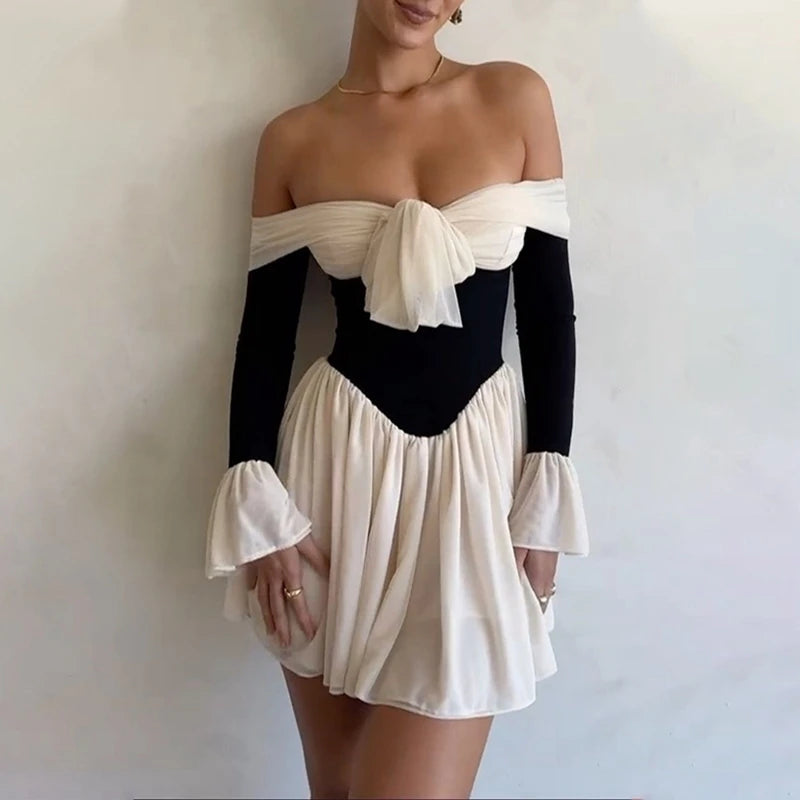 Elegant Off Shoulder Mini Dress with Flared Sleeves - Image 3