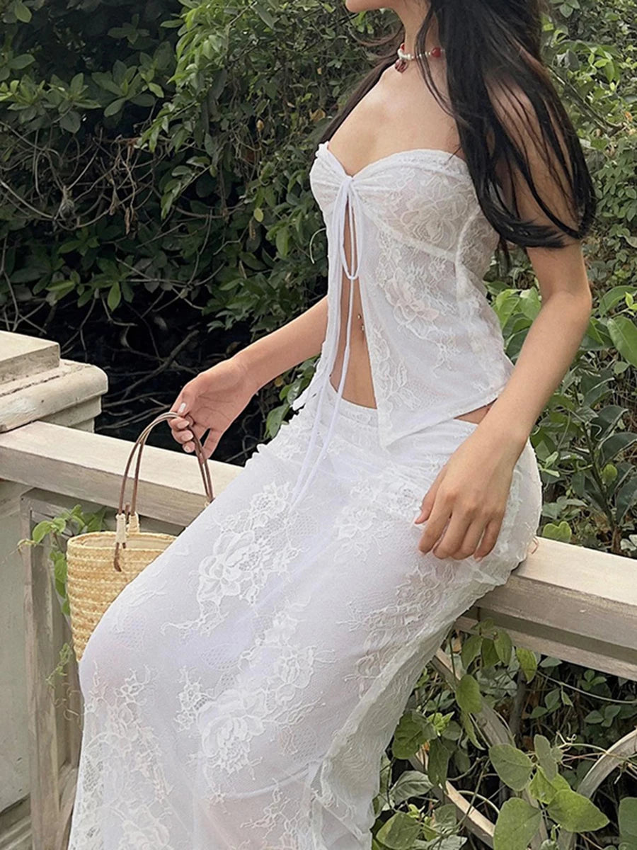 Floral Lace Strapless Tube Top and Bodycon Skirt Set - Image 3