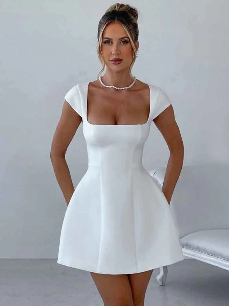 Elegant White A-Line Square Collar Evening Party Dress