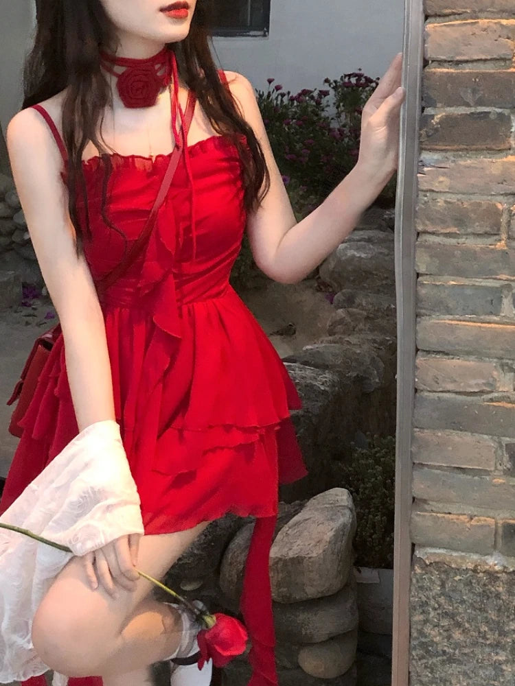 Elegant Summer Vintage Red Sleeveless Backless Mini Dress - Image 3