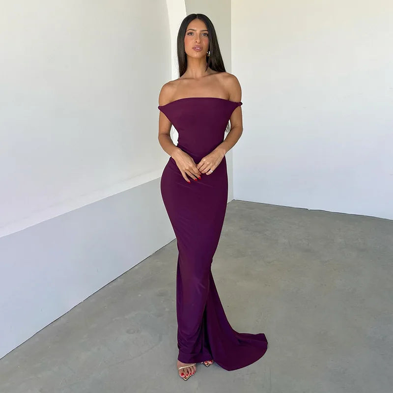 Elegant Off-Shoulder Pleated Backless Maxi Evening Dress - Image 8