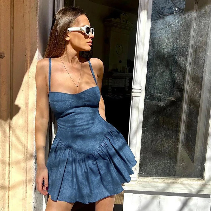 Elegant V-Neck Short Denim Dress for Summer Style - Image 3