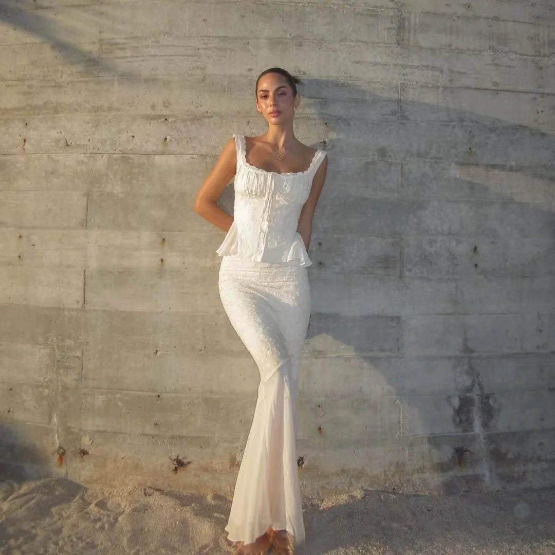 Elegant Summer 2-Piece Dress Set for Women - Beige Mermaid Skirt
