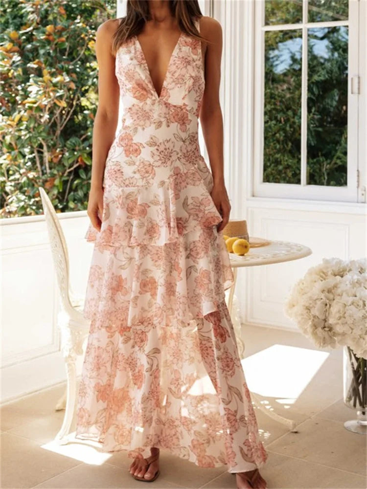 Floral Print Sleeveless Deep V Neck Tiered Dress - Image 4
