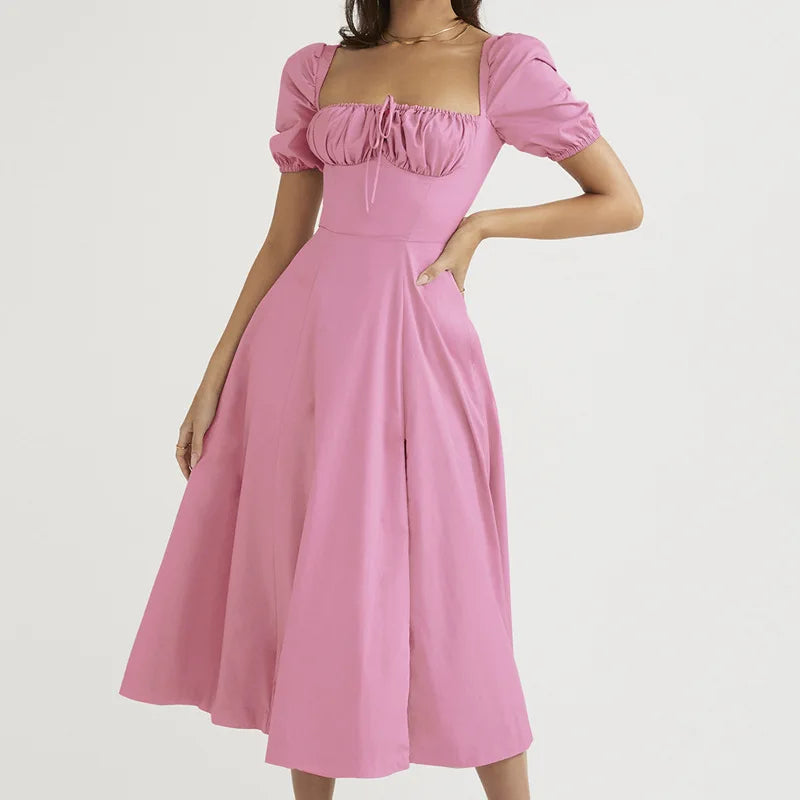Trendy Summer Bubble Sleeve Lace-Up Long Dress - Image 9