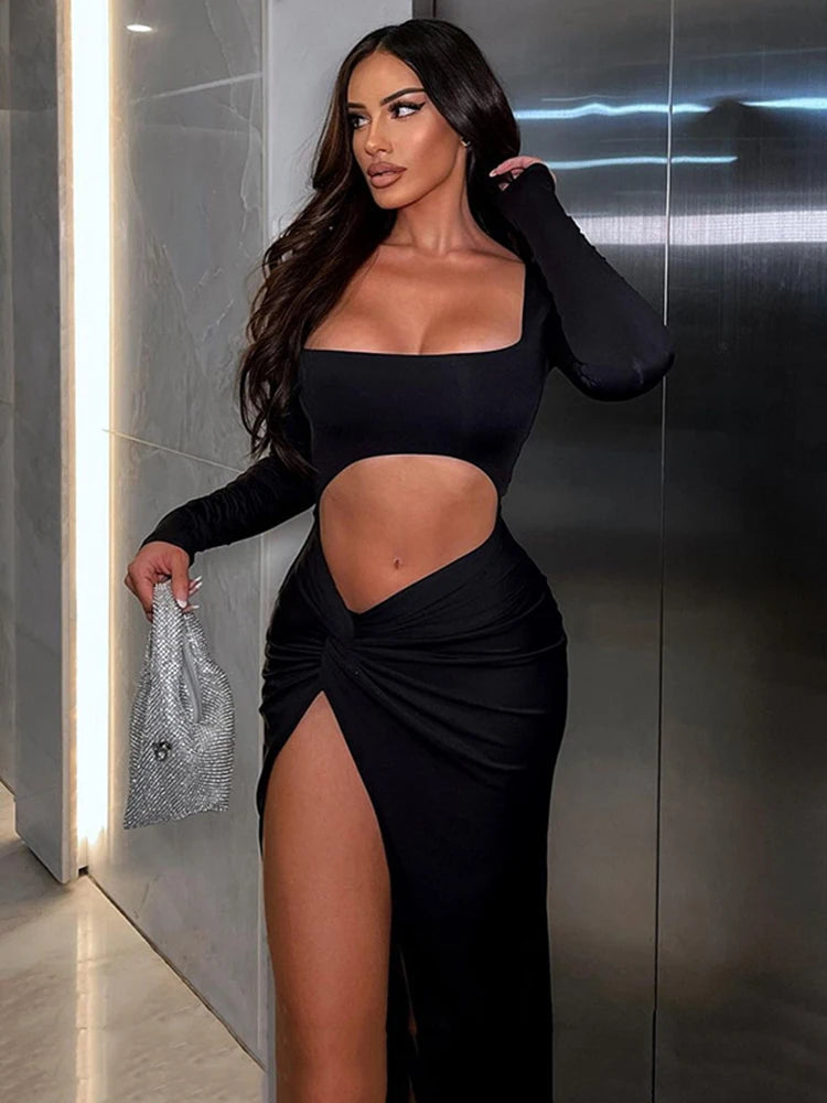 Elegant Ruched Long Sleeve Bodycon Maxi Dress for Women