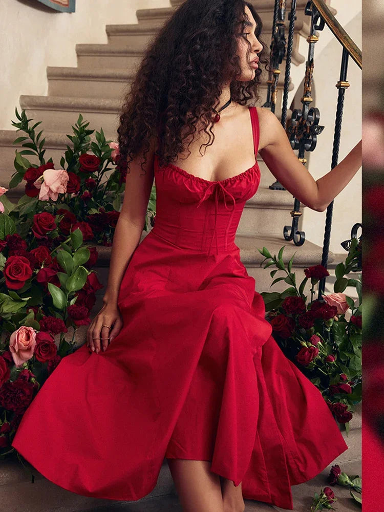 Elegant Red A-Line Midi Dress with Spaghetti Straps