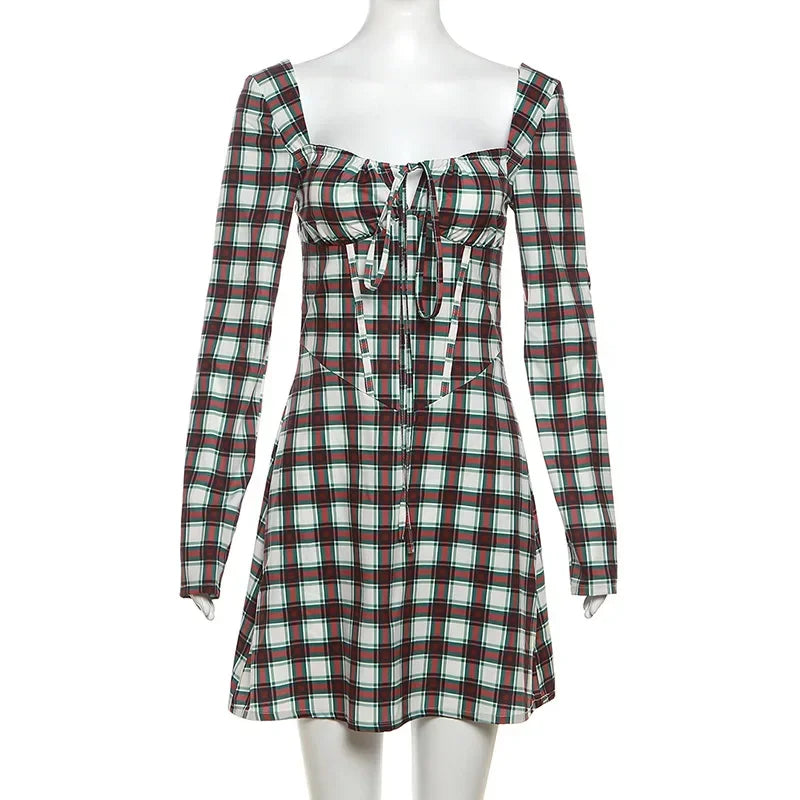 Backless Plaid Mini Dress with Square Collar & Long Sleeves - Image 5