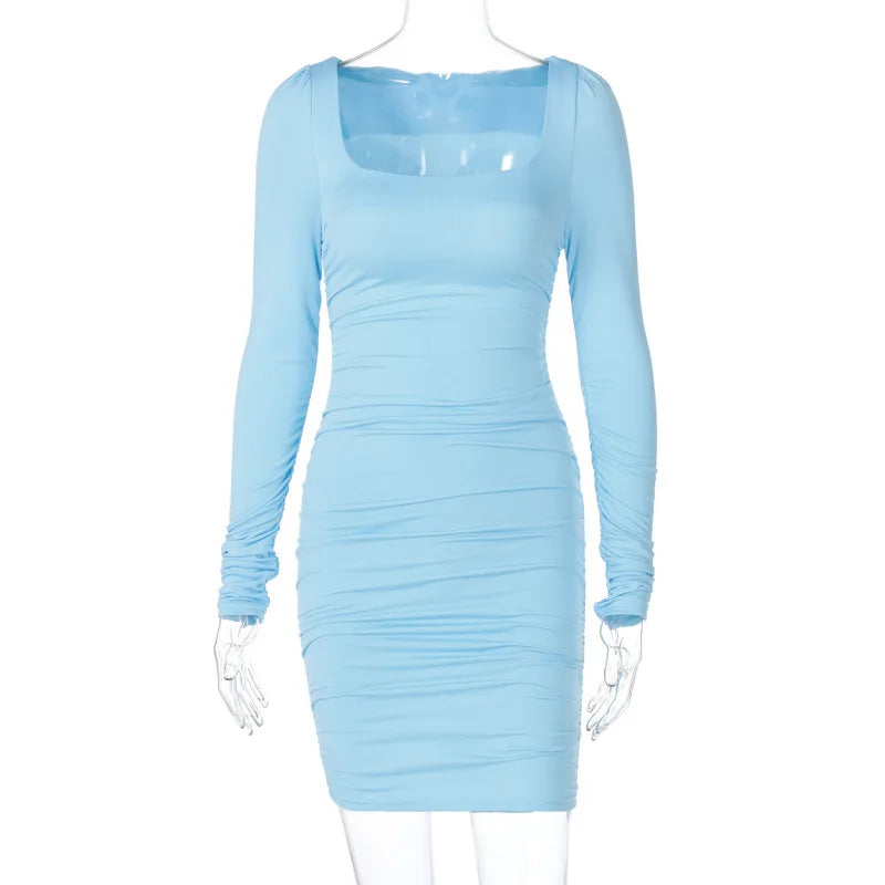 Chic Women's Square Neck Pleated Wool Long-Sleeve Dress - Image 5