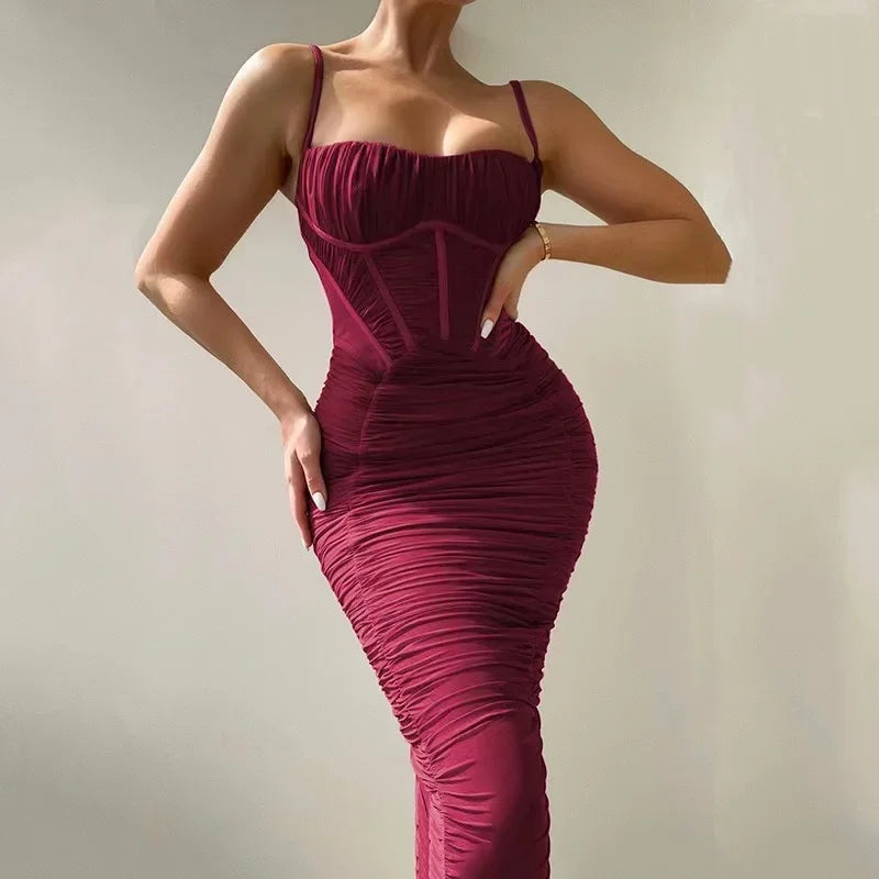 Elegant Backless Spaghetti Strap Ruched Maxi Dress for Women - Image 5