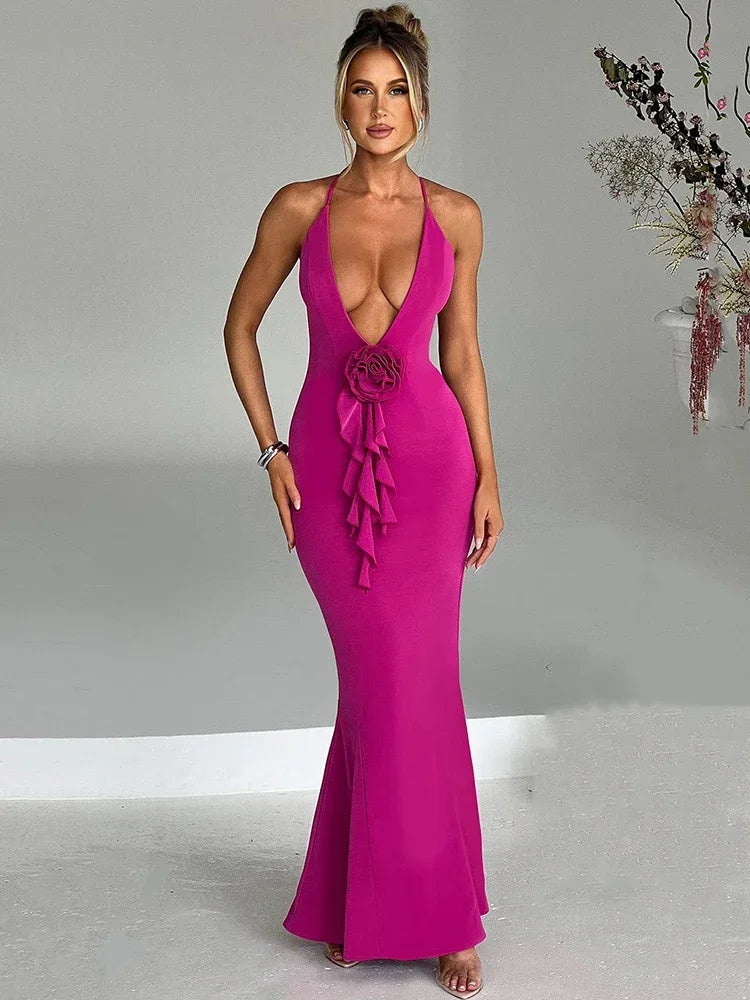 3D Flower Deep V Neck Backless Maxi Dress for Women - Image 3