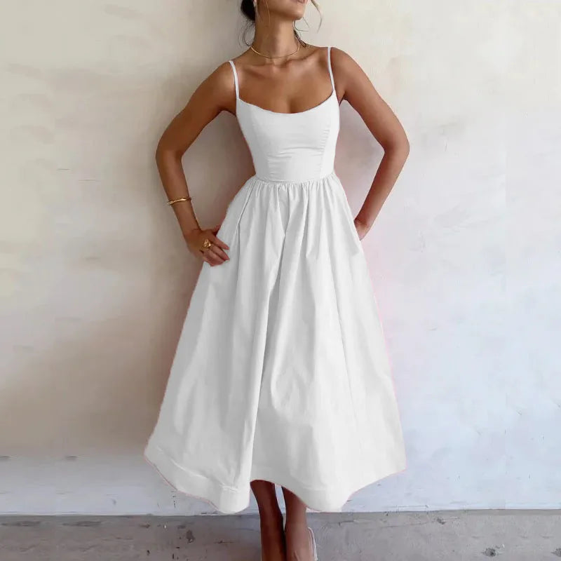 Elegant U Neck Spaghetti Strap Long Dress for Women - Image 5