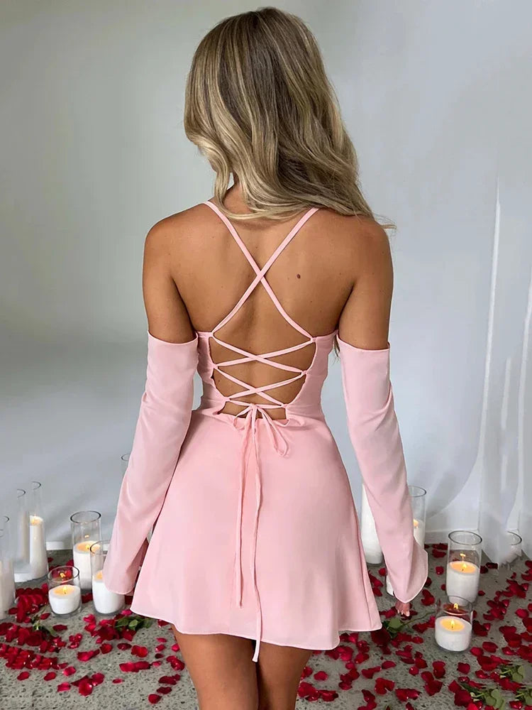 Elegant Pleated Lace-Up Back Mini Dress for Women - Image 3