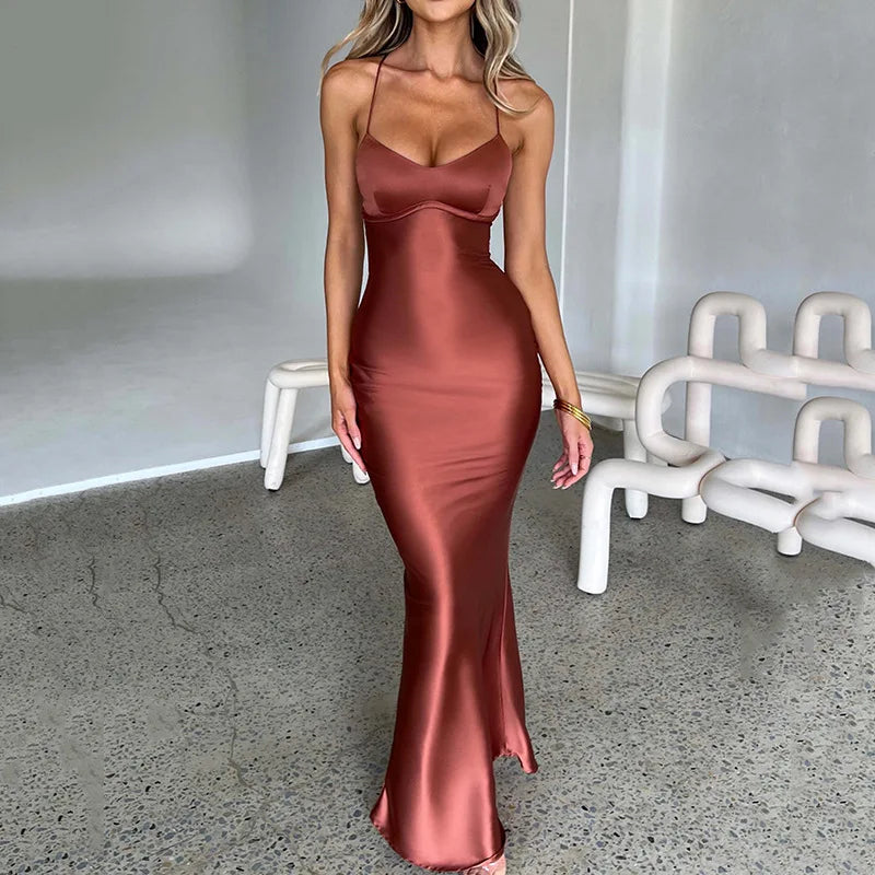 Elegant Satin Black Backless Bodycon Maxi Dress for Women - Image 4