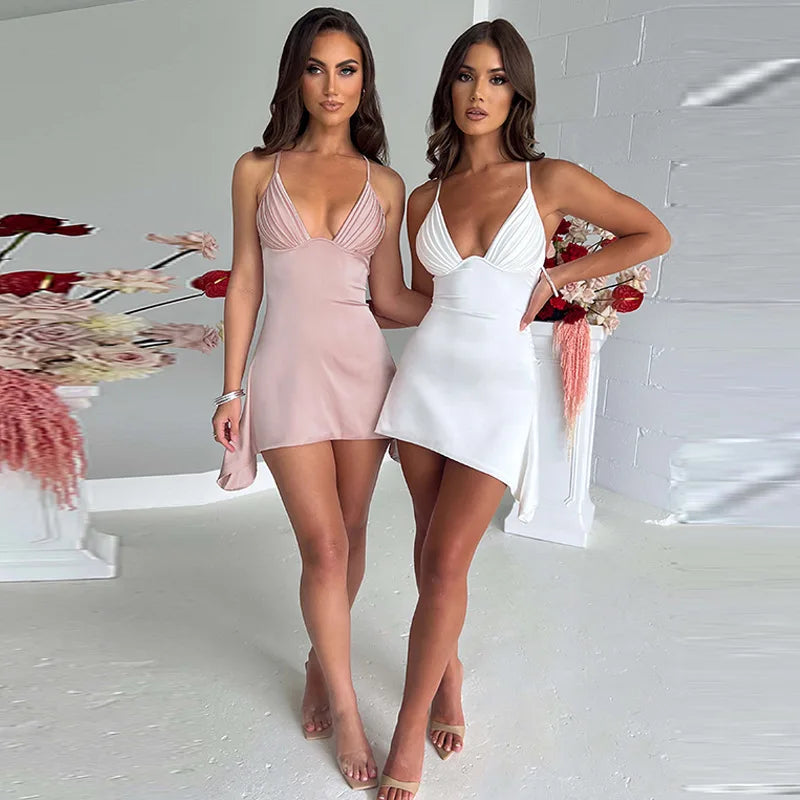 Elegant White Pleated Deep V Mini Dress for Parties