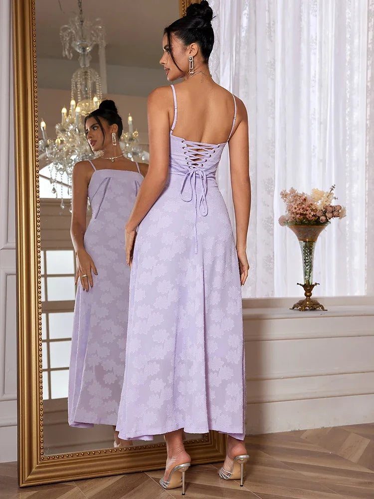 Elegant Purple Spaghetti Strap Maxi Dress for Weddings and Parties - Image 7