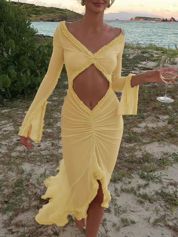 Elegant Hollow Out Long Sleeve Sexy Maxi Dress - Image 3