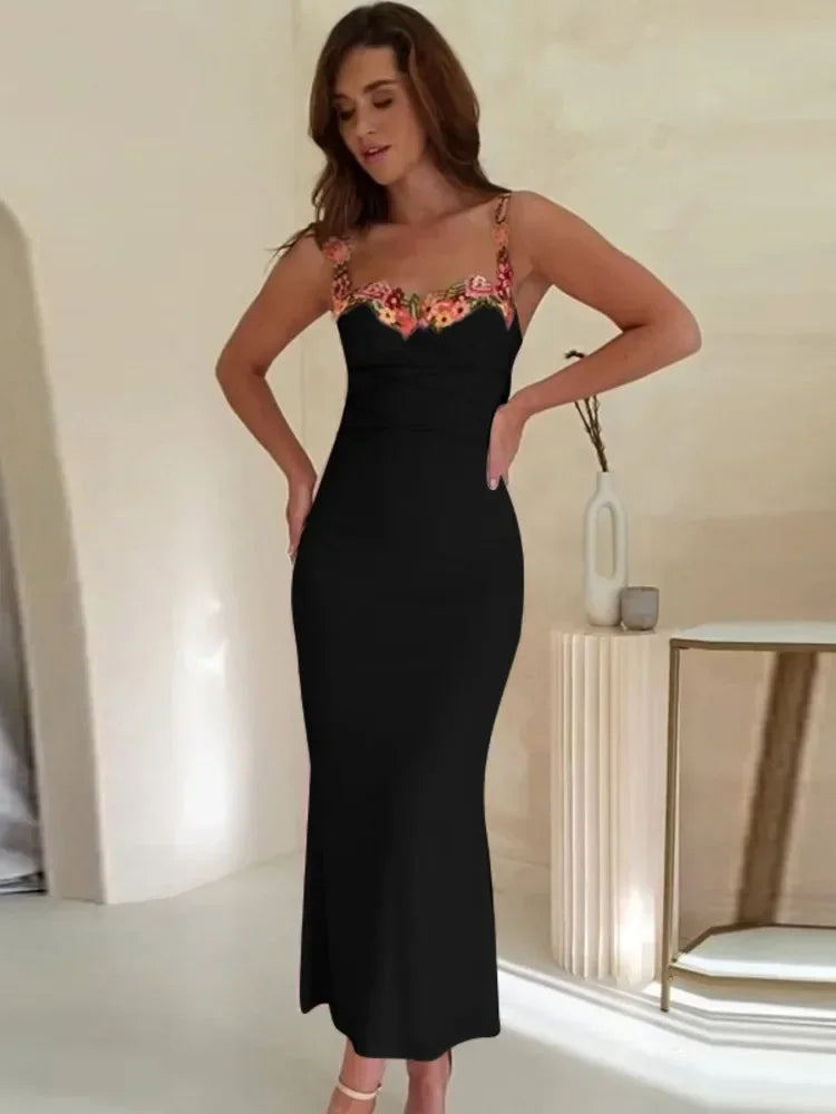 Elegant Print Patchwork Maxi Dress with Spaghetti Straps - Image 7
