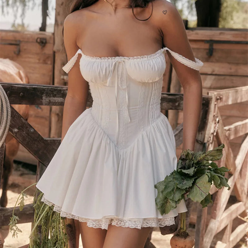 Elegant White Lace Panel A-line Summer Mini Dress - Image 3