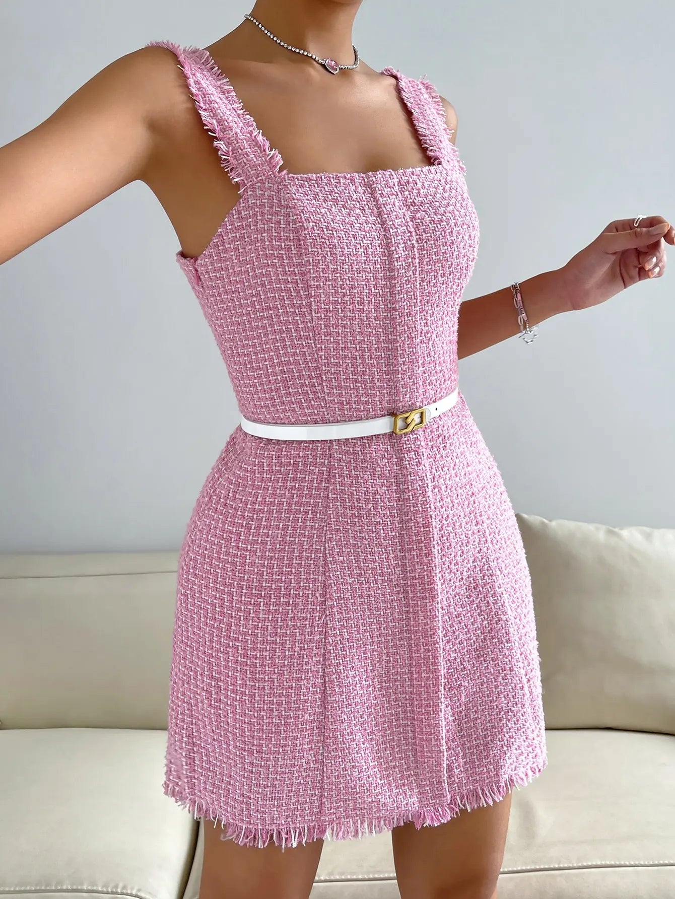 Pink Summer Mini Skirt with Belt and Tassels - Image 4