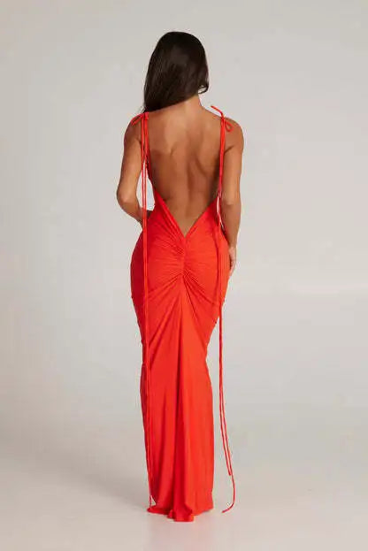 Chic Backless Halter Solid Color Pleated Maxi Dress - Image 10