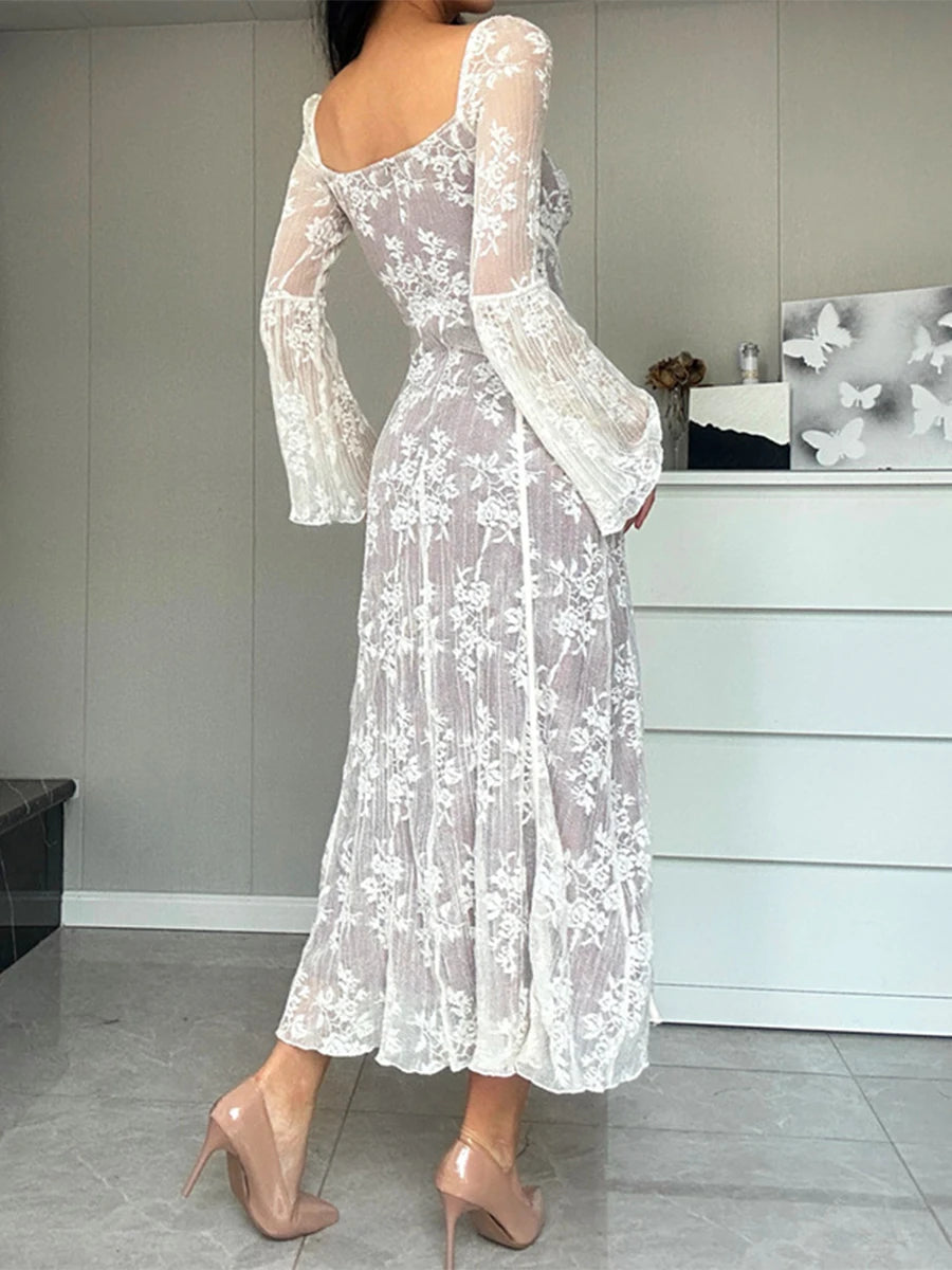 Chic Long Sleeve Lace Dress with Floral Tie-Up - Image 6