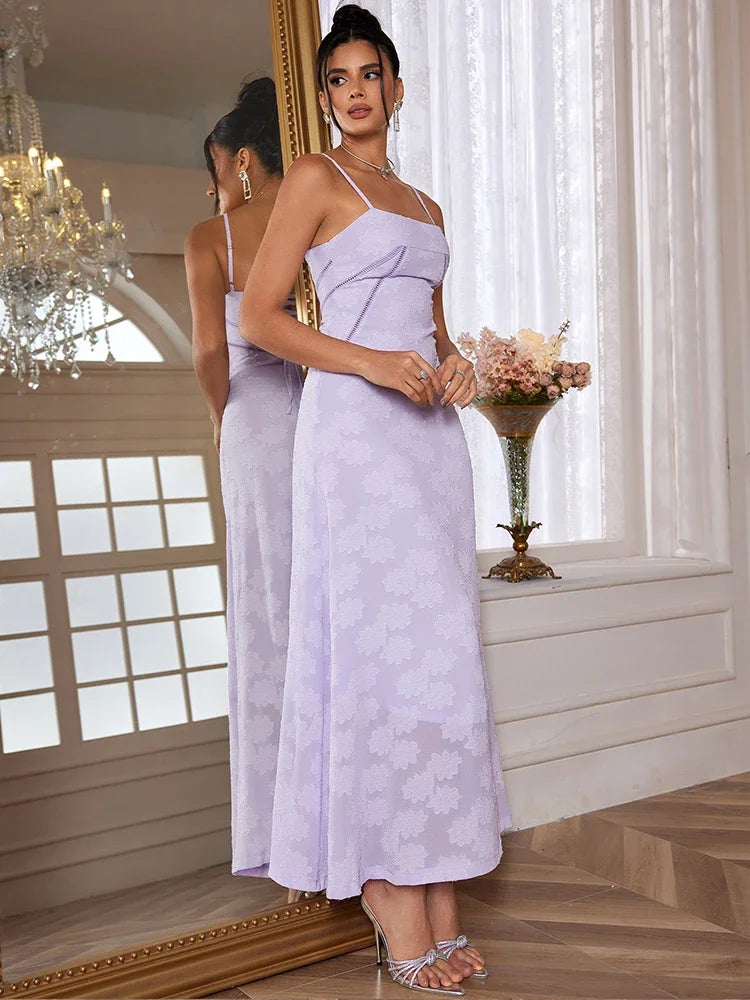 Elegant Purple Spaghetti Strap Maxi Dress for Weddings and Parties - Image 3